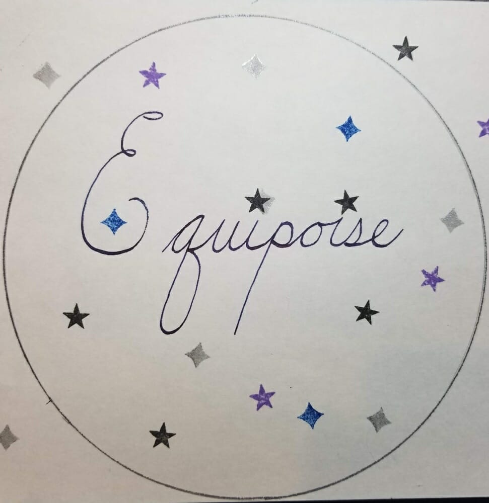 Equipoise, the word, in fancy cursive with a circle around it and also little star stamps