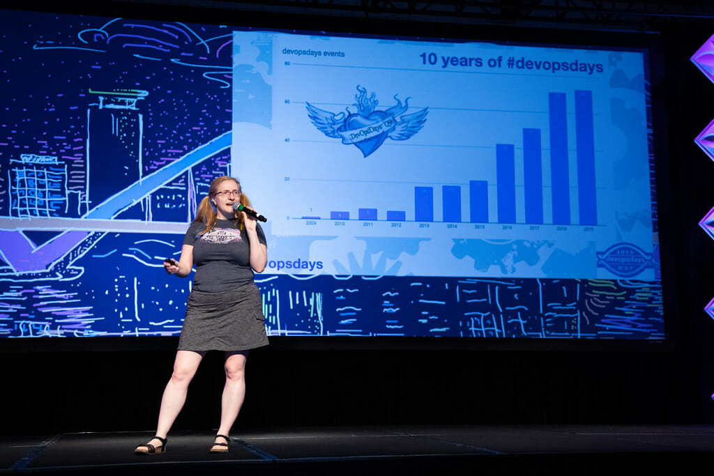 A white woman in pigtails stands on a stage with the slide "10 years of #devopsdays" behind her