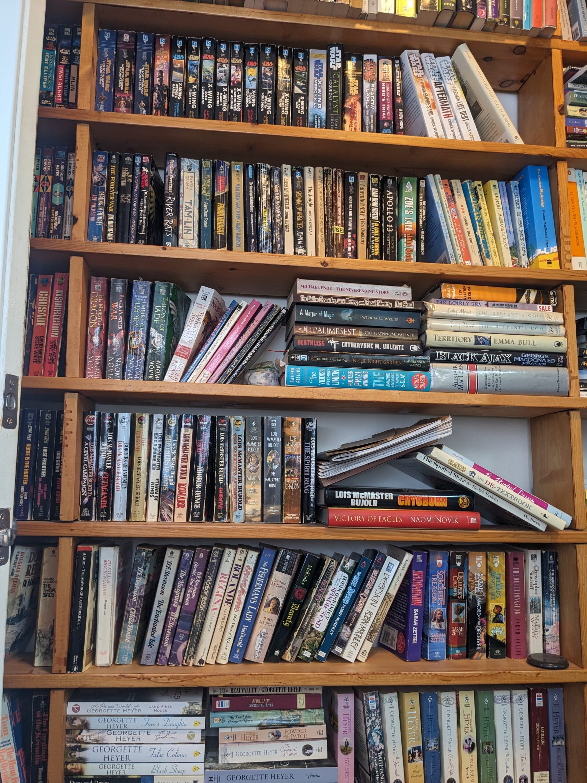 A bookshelf with all sorts of books, sci-fi, literary fantasy, literary fiction, fantasy, romance, thrillers, non-fiction